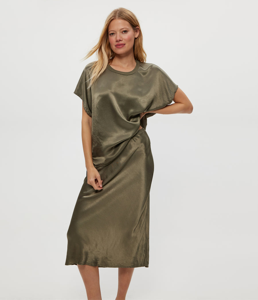 Leila Bias Midi Skirt in Olive Green Close Up View #OLIVE