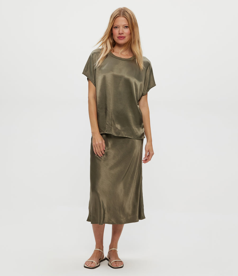 Leila Bias Midi Skirt in Olive Green Full Body View #OLIVE