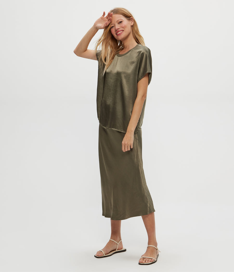 Leila Bias Midi Skirt in Olive Green Side View #OLIVE