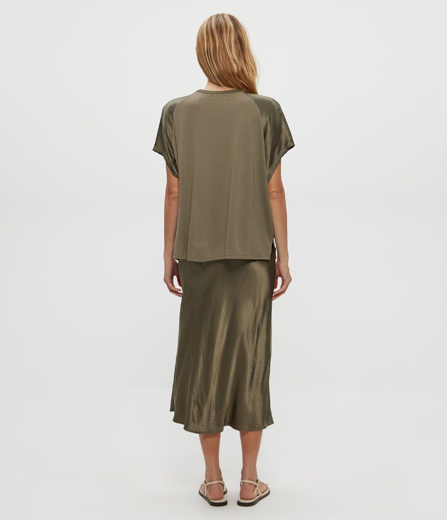 Leila Bias Midi Skirt in Olive Green Back View #OLIVE