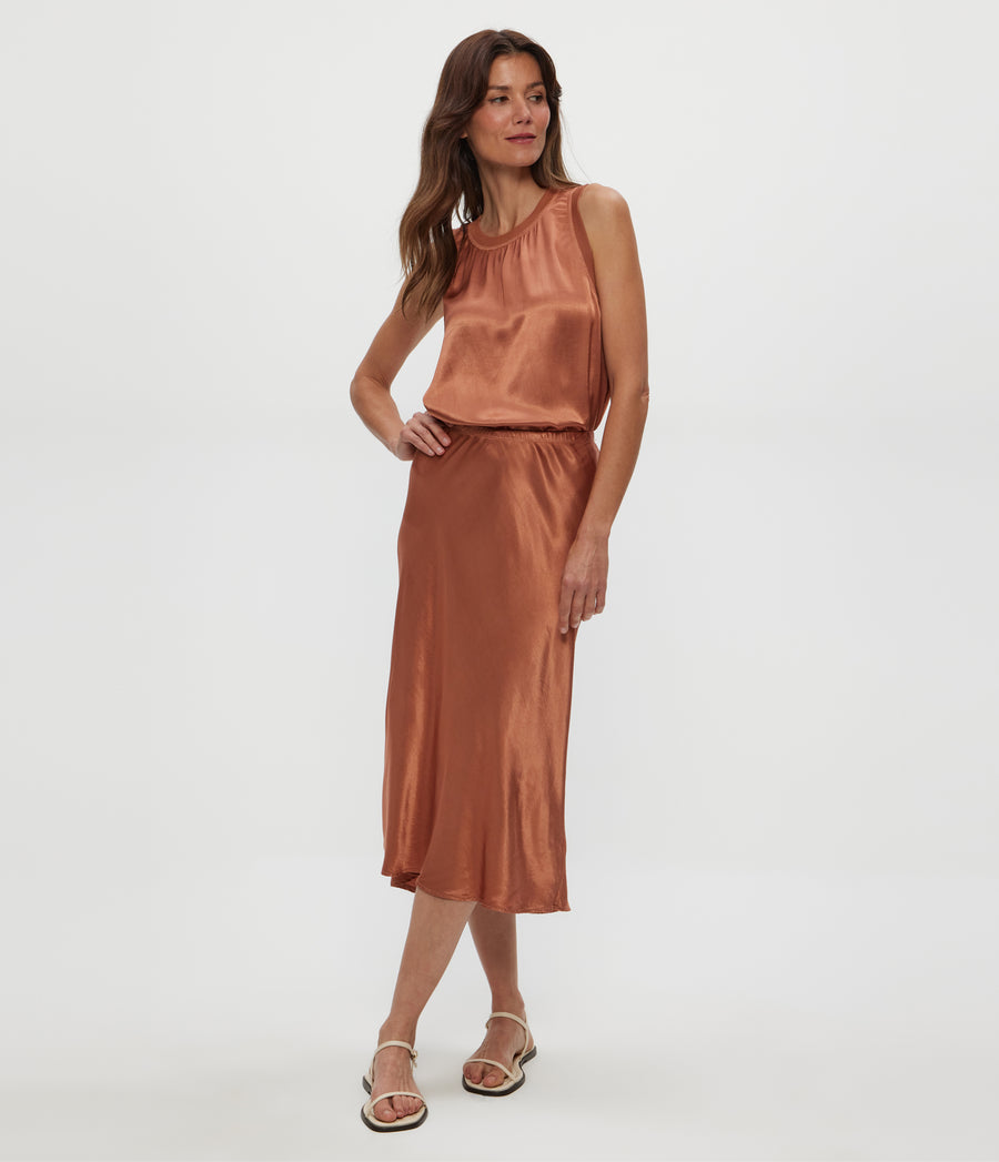 Leila Bias Midi Skirt in TERRA Orange Close Up View #TERRA