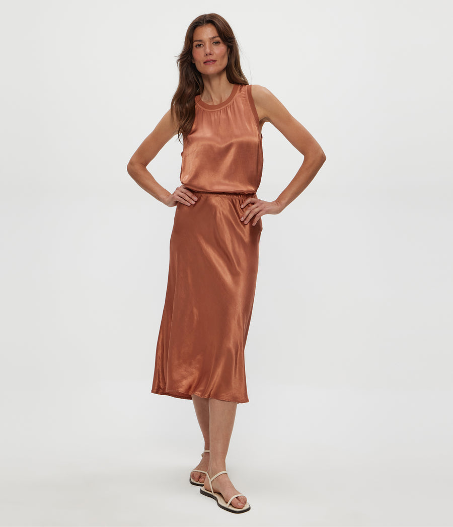 Leila Bias Midi Skirt in TERRA Orange Full Body View #TERRA