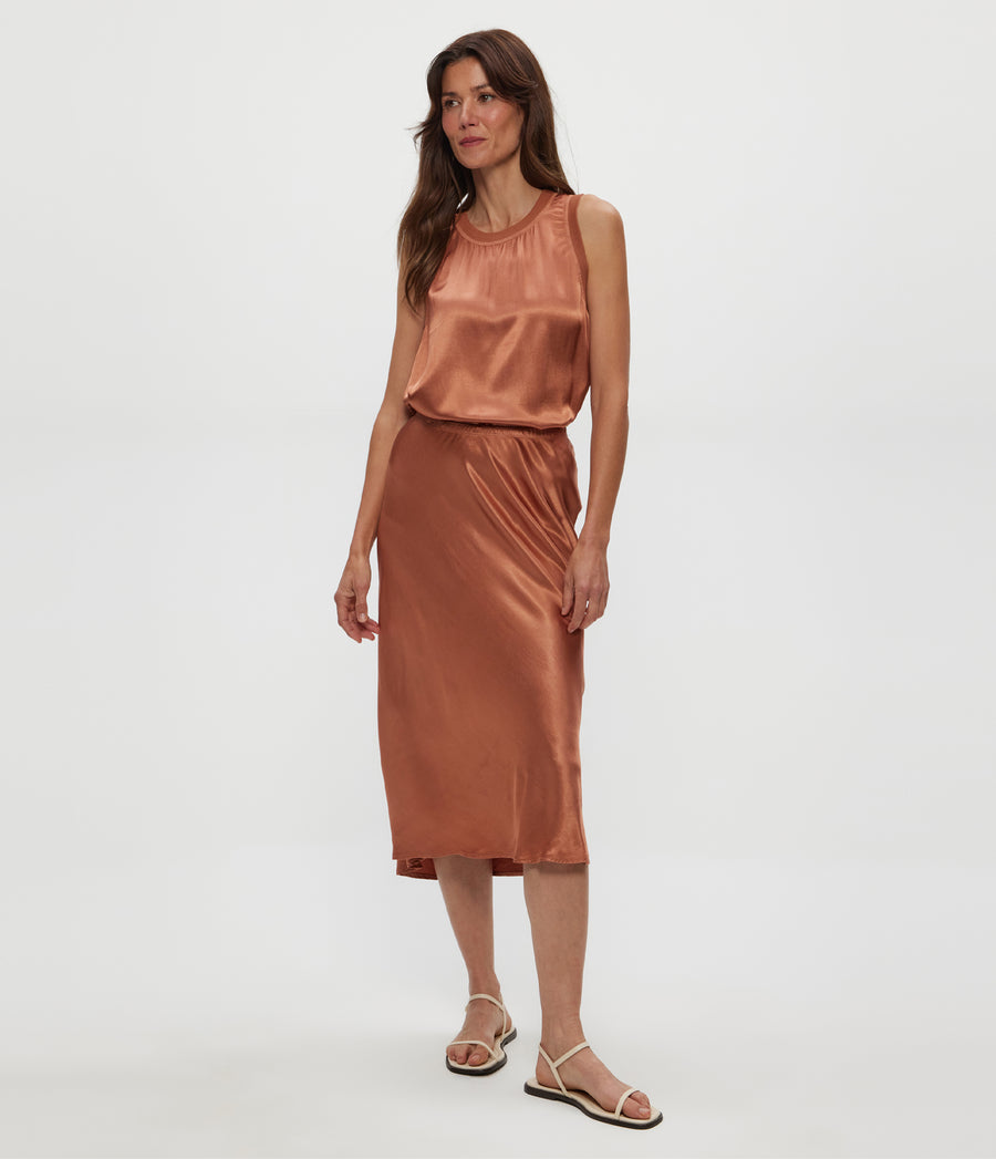 Leila Bias Midi Skirt in TERRA Orange Side View #TERRA