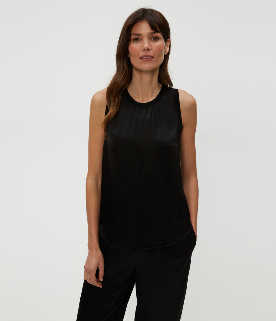Shay Satin Tank in Black  Close Up View #BLACK