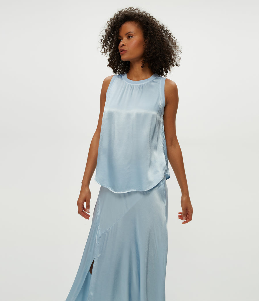 Shay Satin Tank in Fountain Blue Close Up View #FOUNTAIN