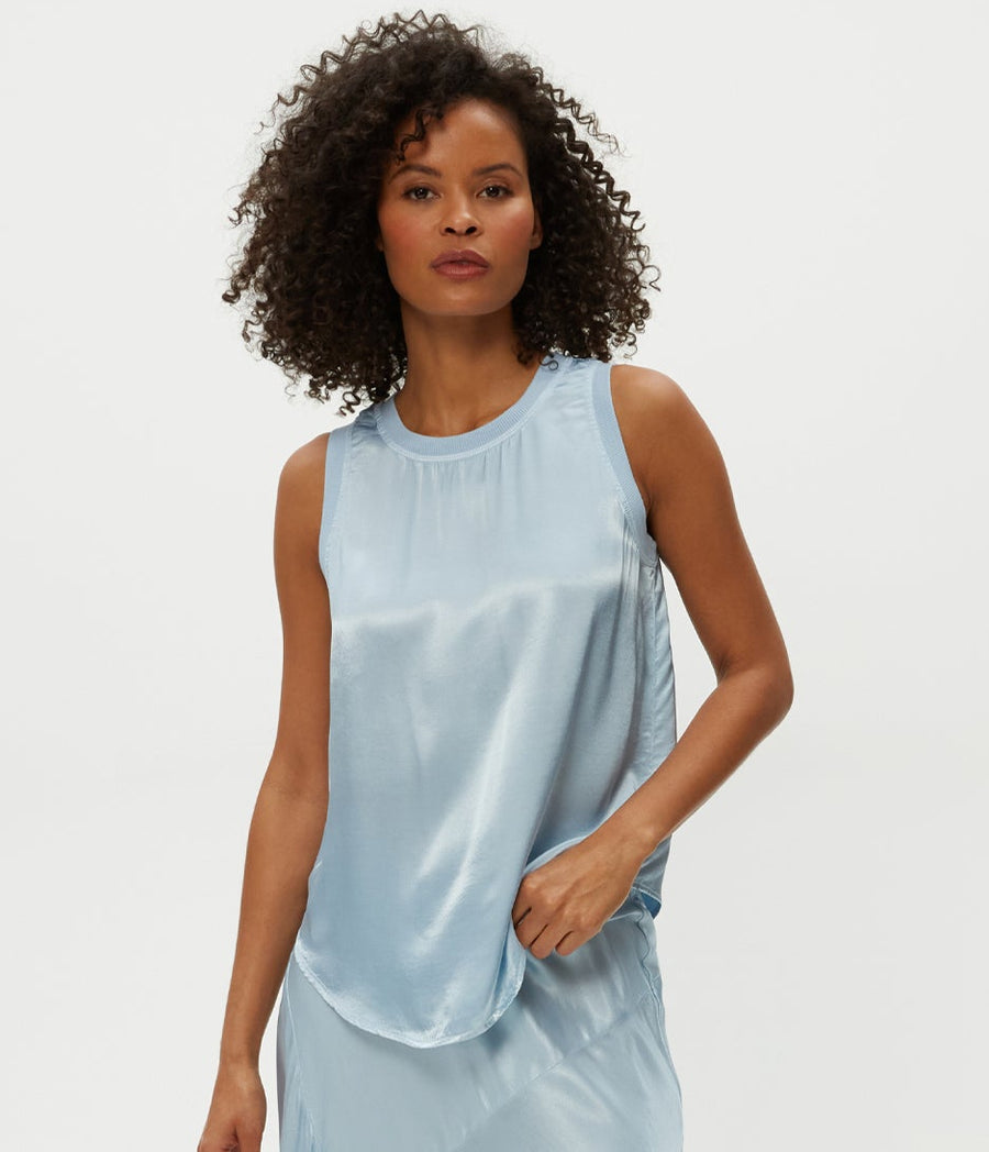 Shay Satin Tank in Fountain Blue Full Body View #FOUNTAIN