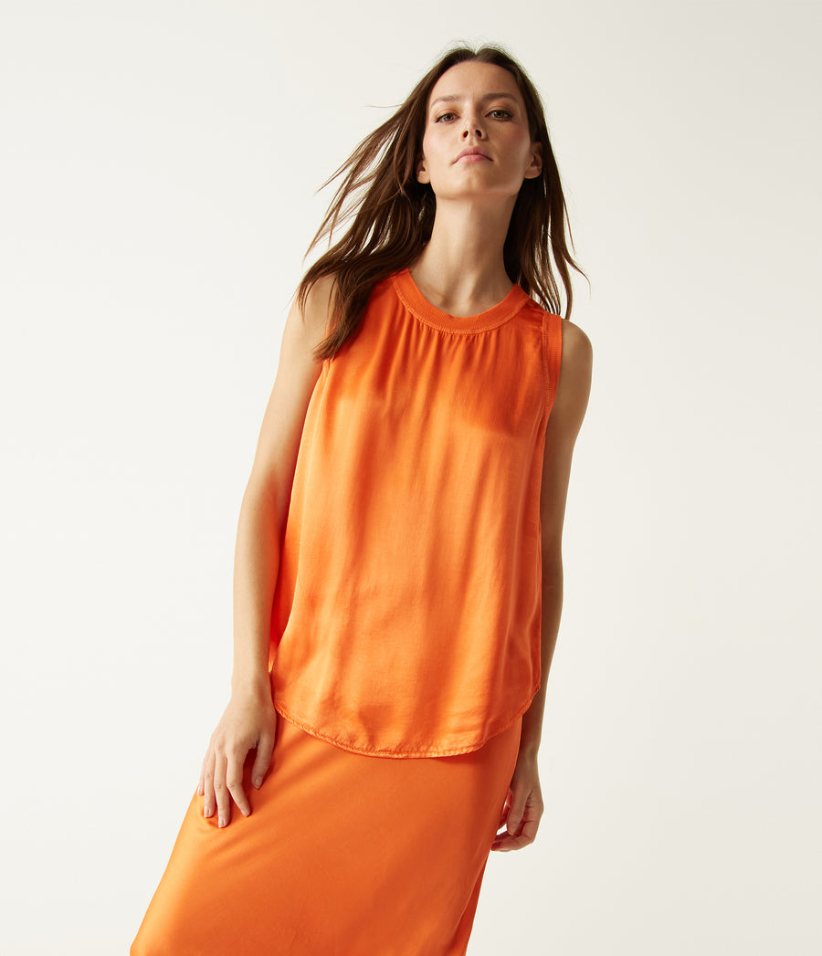 Shay Satin Tank in Heatwave Orange Close Up View #HEATWAVE