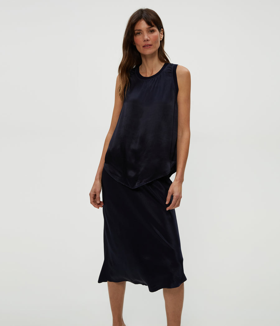 Shay Satin Tank in Nocturnal Blue Close Up View #NOCTURNAL
