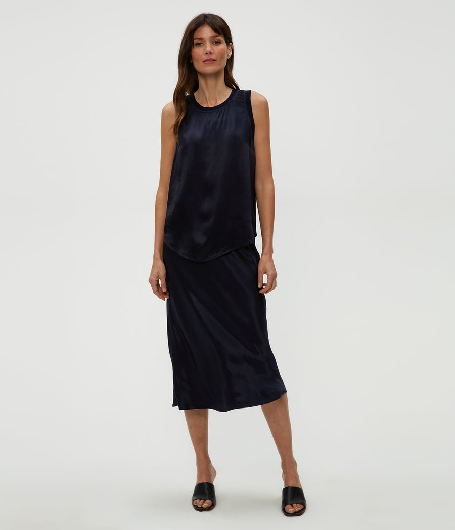 Shay Satin Tank in Nocturnal Blue Full Body View #NOCTURNAL