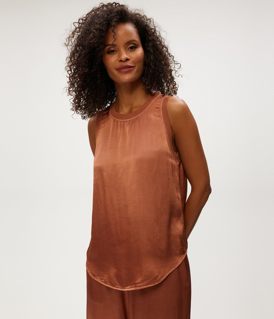 Shay Satin Tank in TERRA Orange Close Up View #TERRA