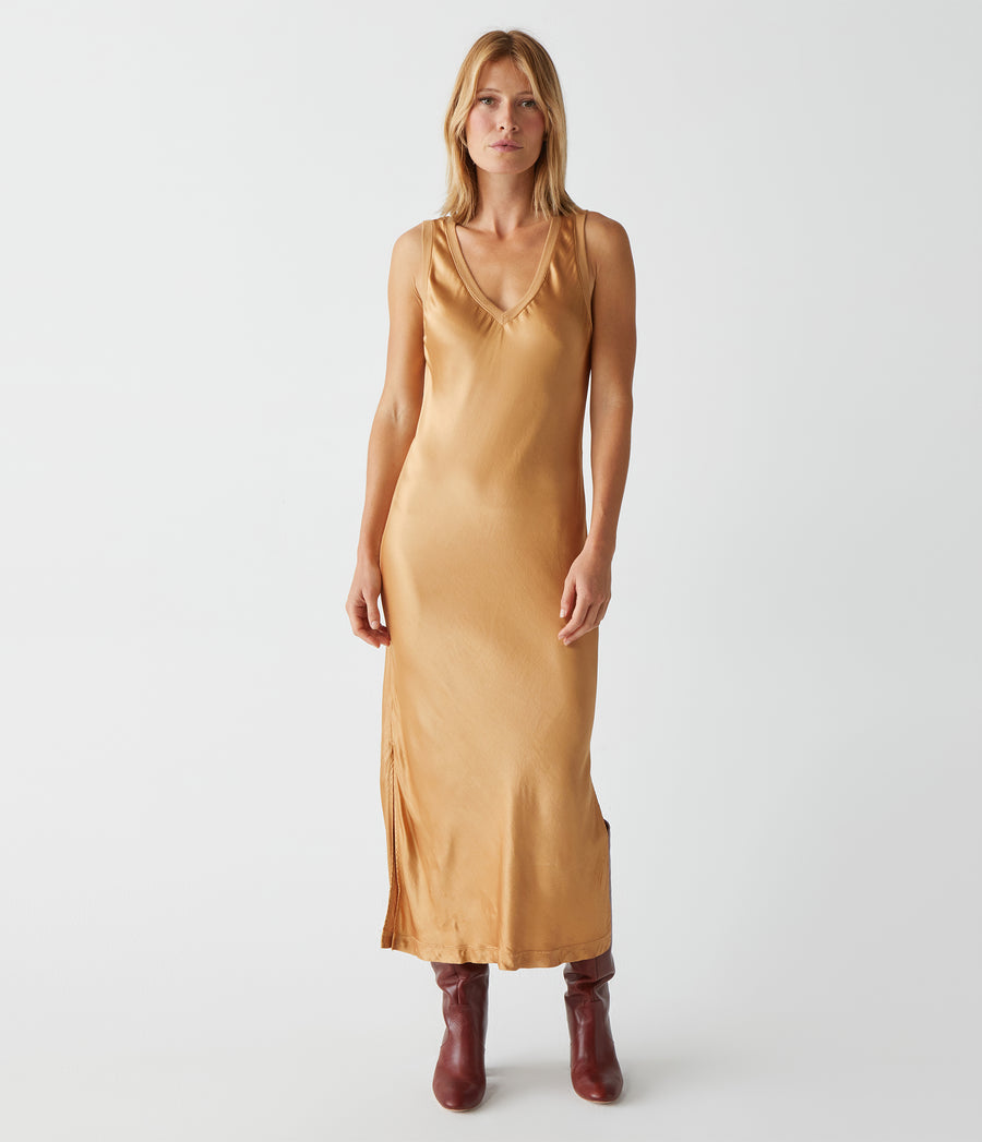 Randi Satin Midi Dress in 18 Karat Yellow Full Body View #18 KARAT
