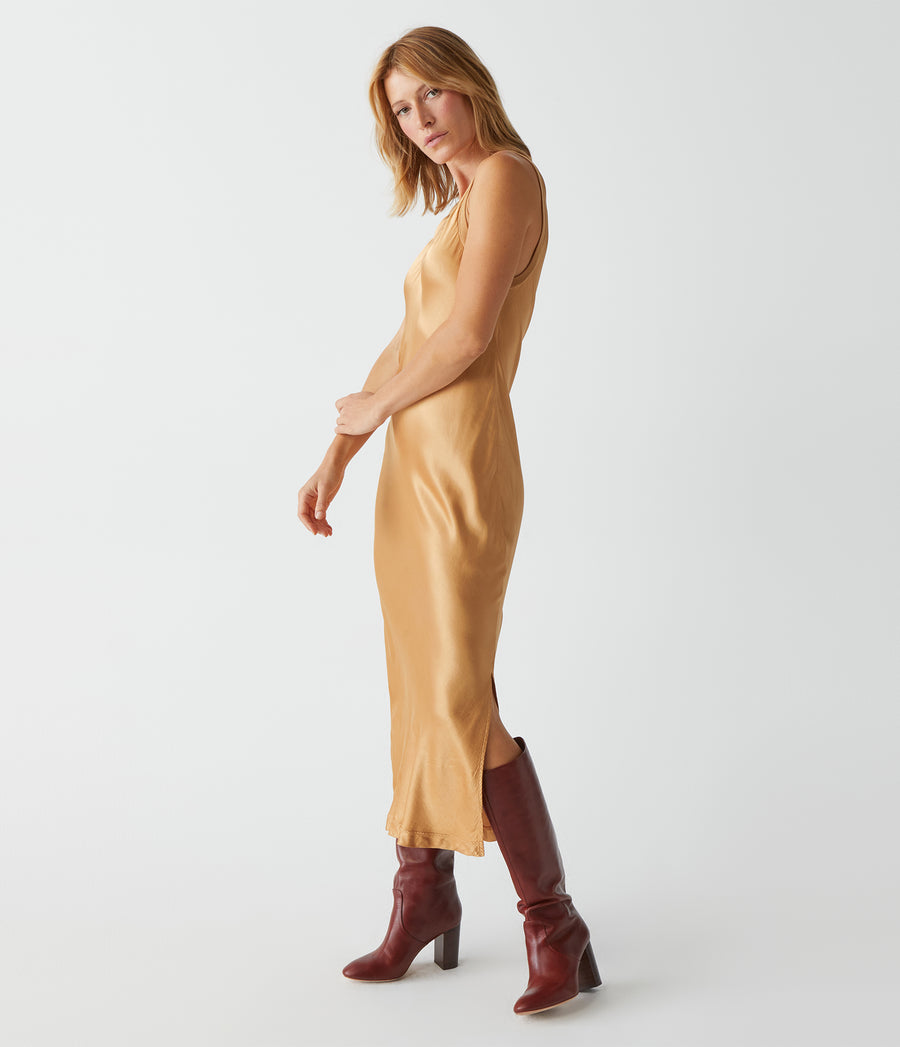 Randi Satin Midi Dress in 18 Karat Yellow Side View #18 KARAT
