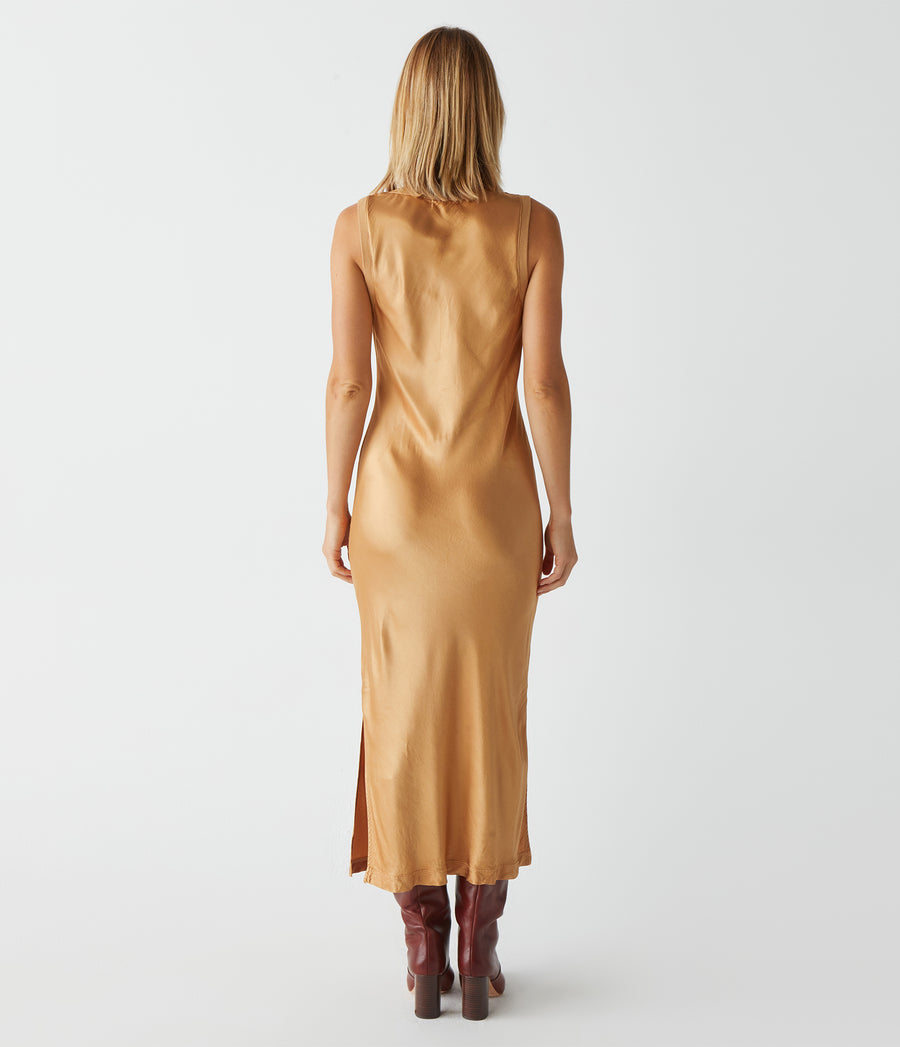 Randi Satin Midi Dress in 18 Karat Yellow Back View #18 KARAT