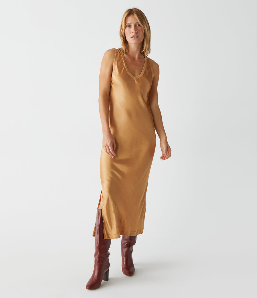 Randi Satin Midi Dress in 18 Karat Yellow Close Up View #18 KARAT