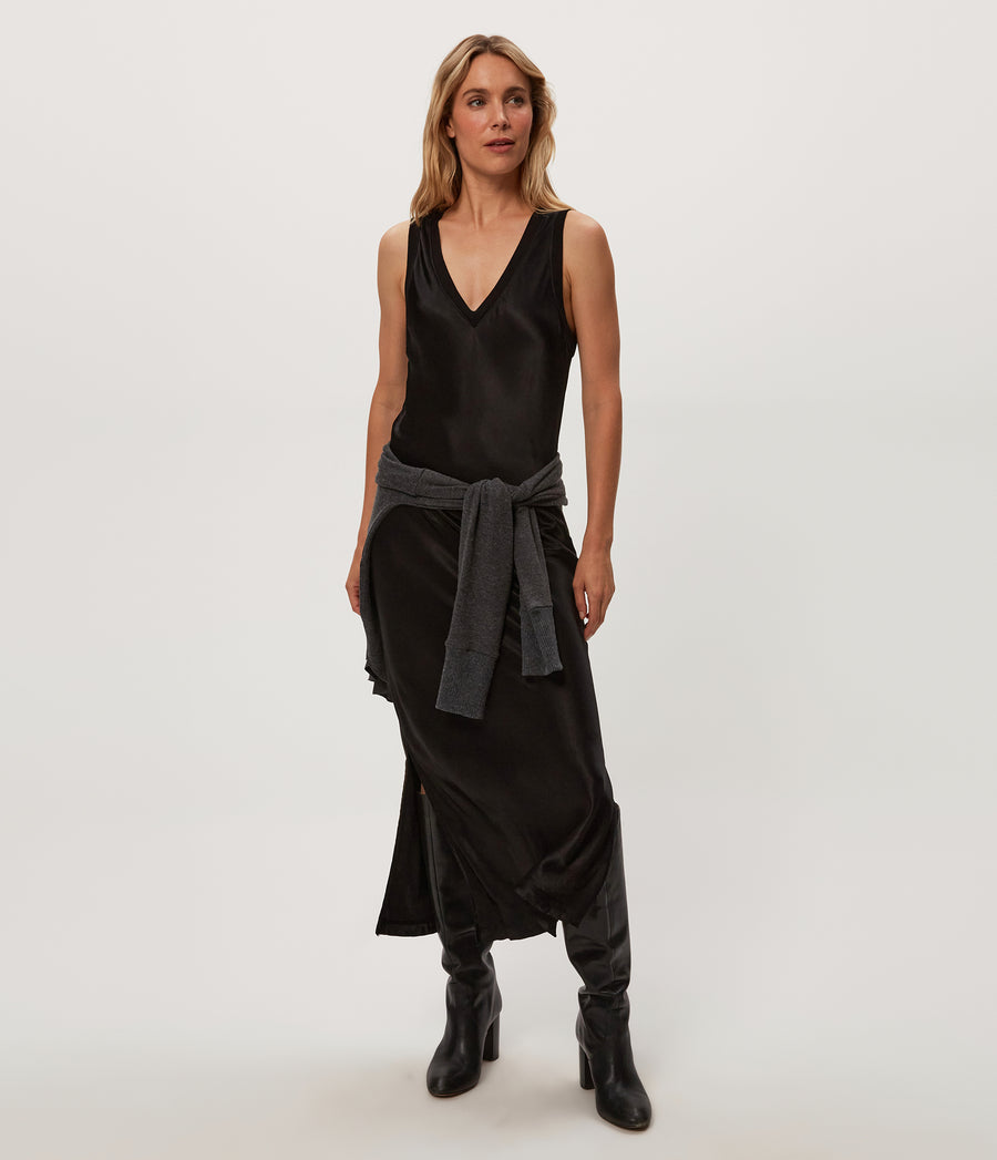Randi Satin Midi Dress in Black Close up View #BLACK