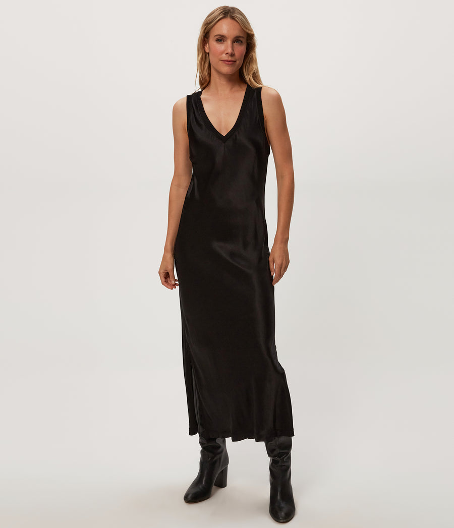 Randi Satin Midi Dress in Black Full Body View #BLACK