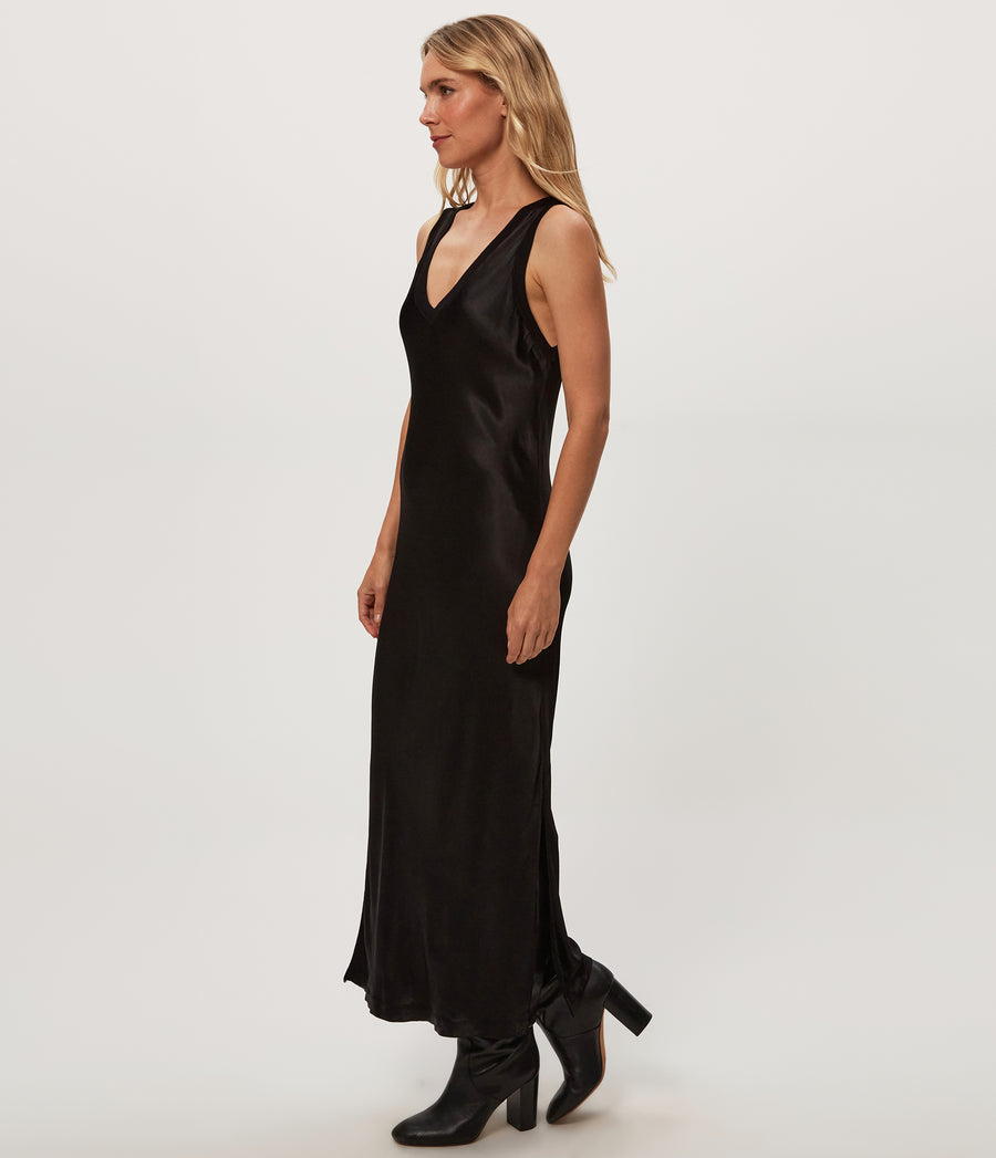 Randi Satin Midi Dress in Black Side View #BLACK