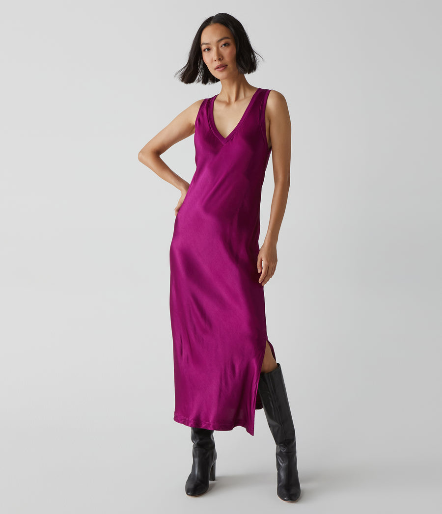 Randi Satin Midi Dress in Berry Purple Full Body View #BERRY