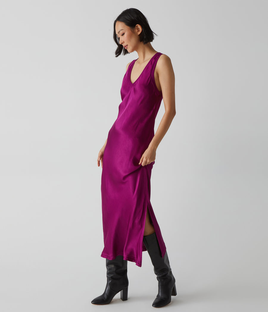 Randi Satin Midi Dress in Berry Purple Side View #BERRY