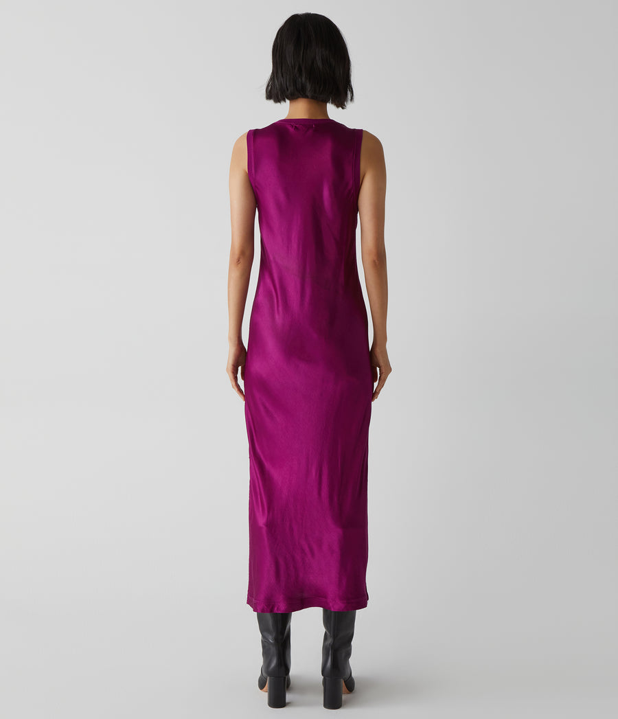 Randi Satin Midi Dress in Berry Purple Back View #BERRY