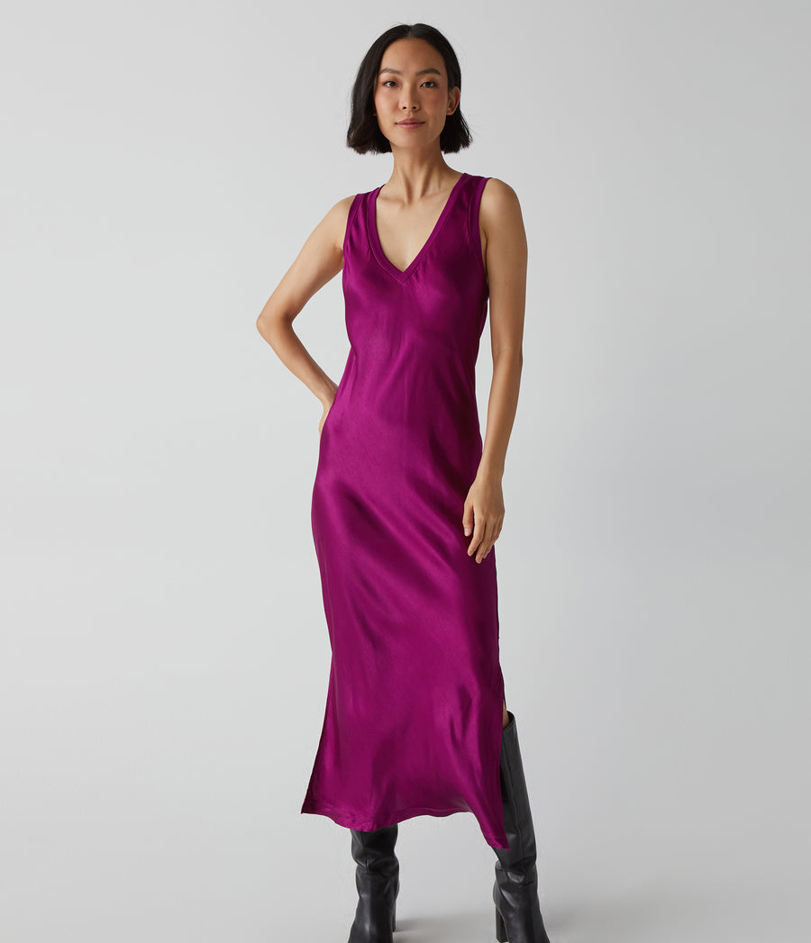 Randi Satin Midi Dress in Berry Purple Close Up View #BERRY