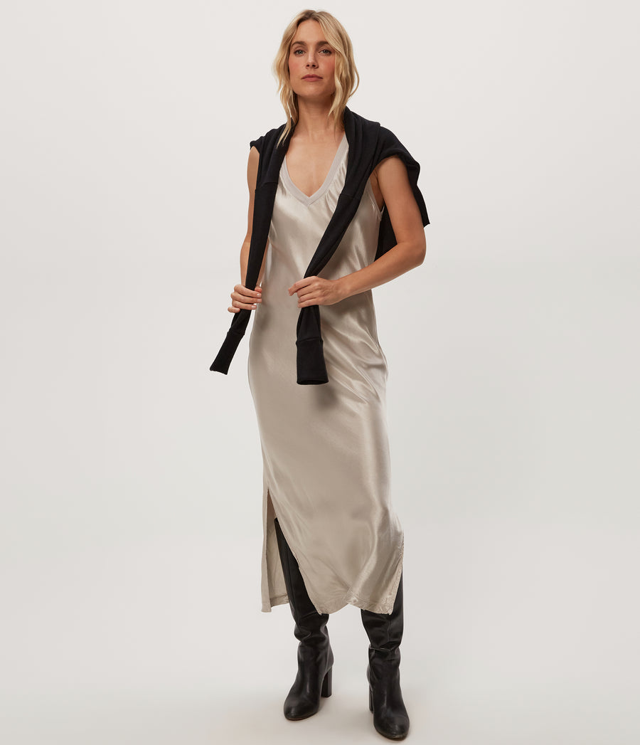 Randi Satin Midi Dress in Cement Beige Full Body View #CEMENT