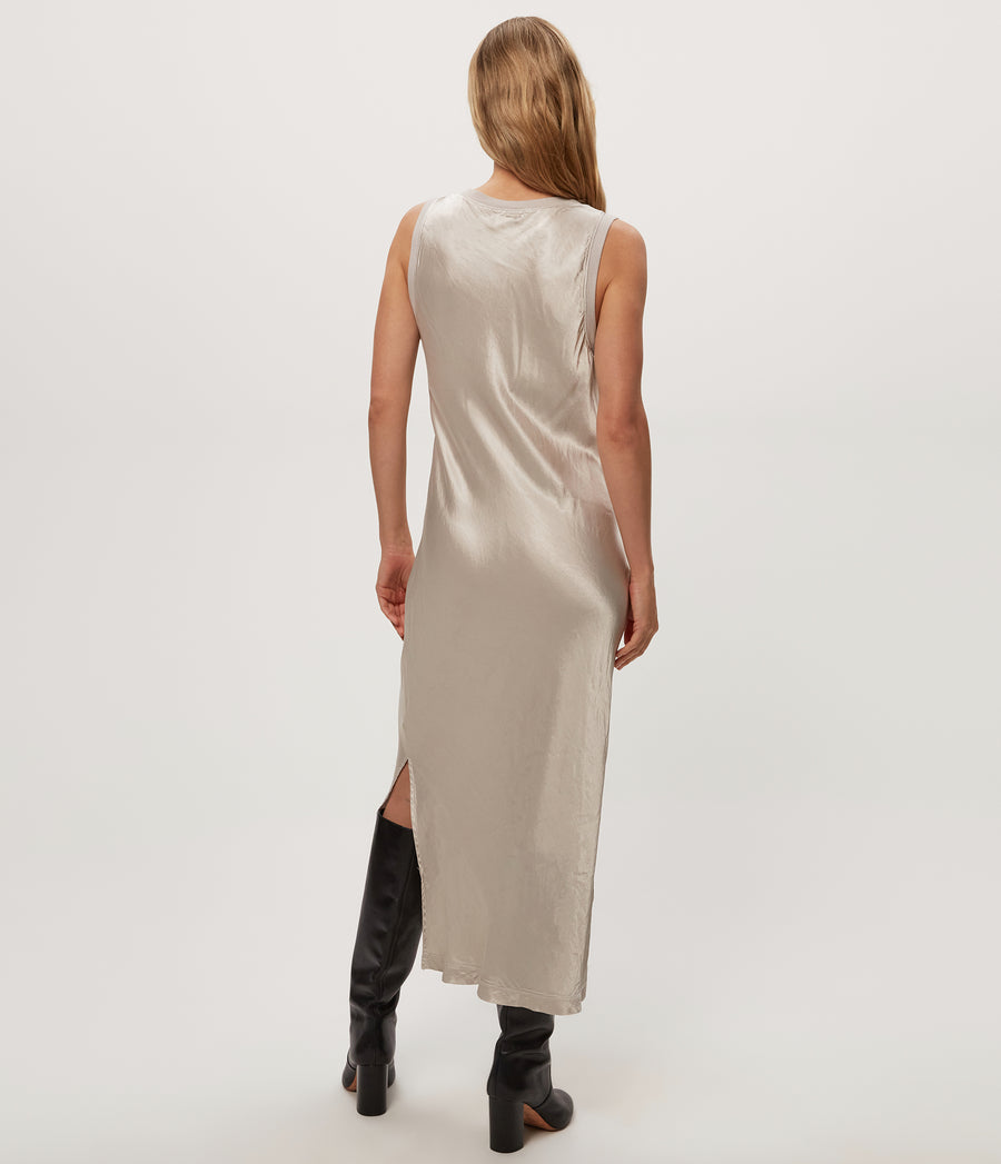 Randi Satin Midi Dress in Cement Beige Back View #CEMENT