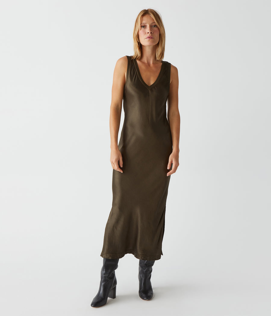 Randi Satin Midi Dress in Dolma Green Full Body View #DOLMA
