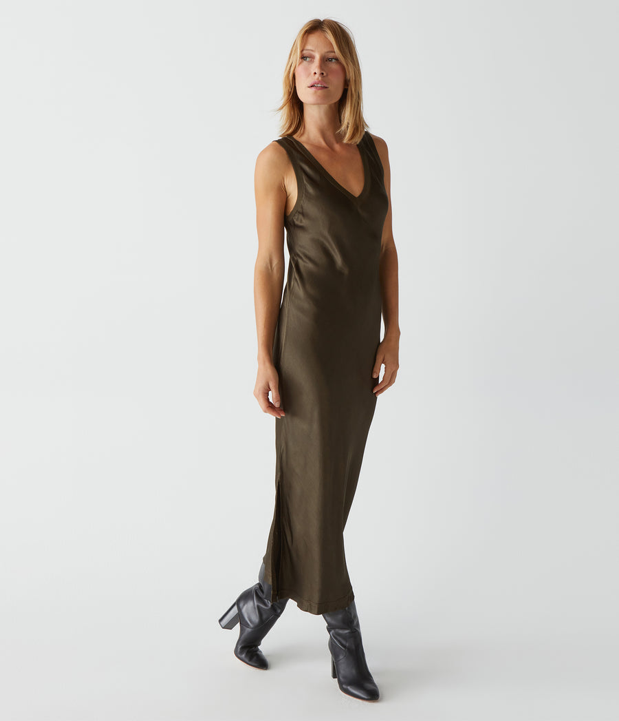 Randi Satin Midi Dress in Dolma Green Front View #DOLMA