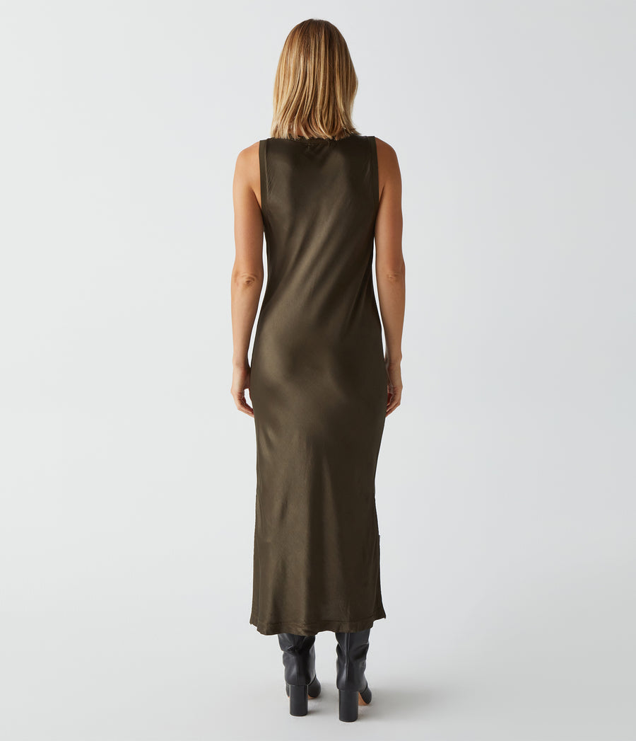 Randi Satin Midi Dress in Dolma Green Back View #DOLMA