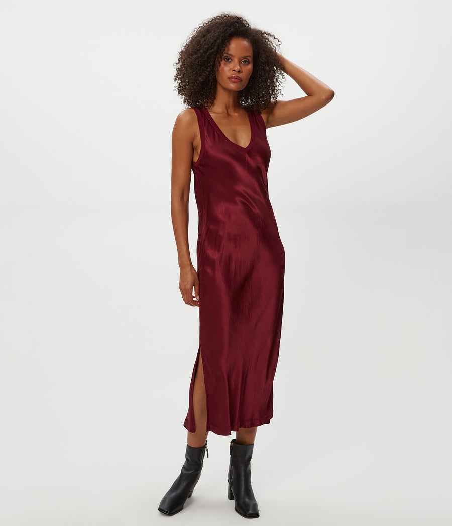 Randi Satin Midi Dress in Garnet Red Close Up View #GARNET