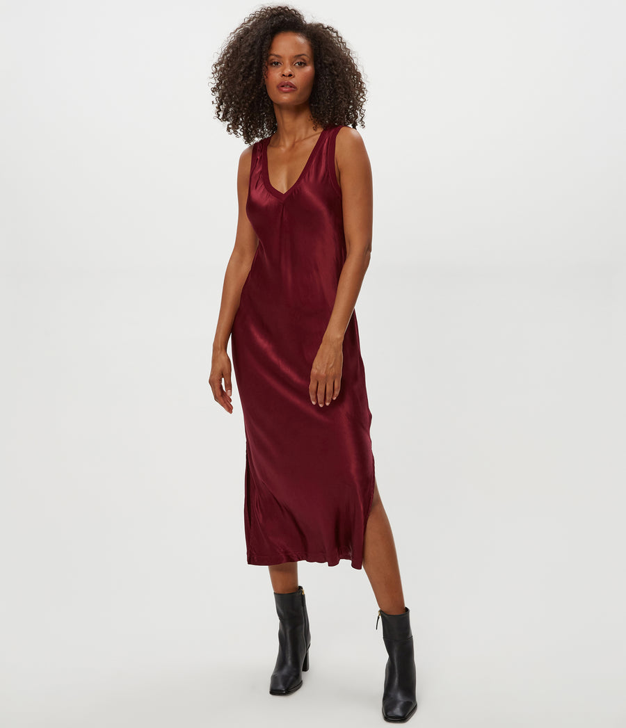 Randi Satin Midi Dress in Garnet Red Full Body View #GARNET