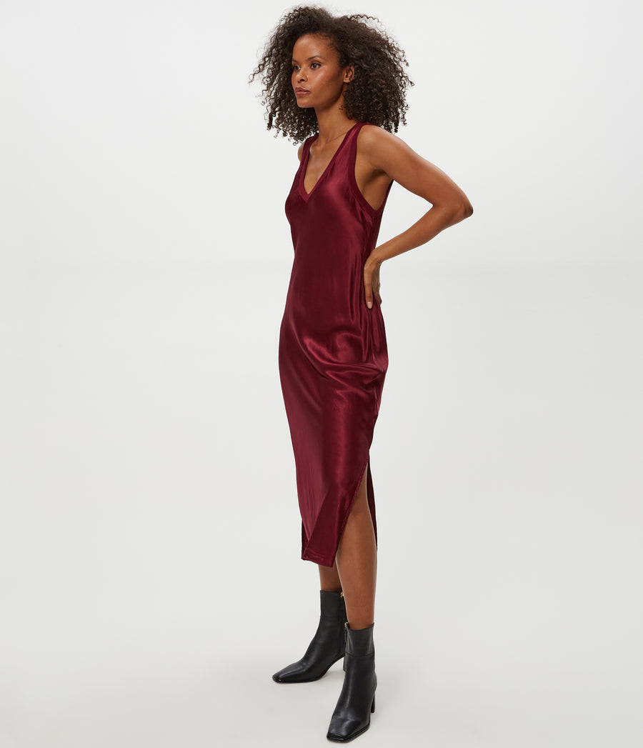Randi Satin Midi Dress in Garnet Red Side View #GARNET