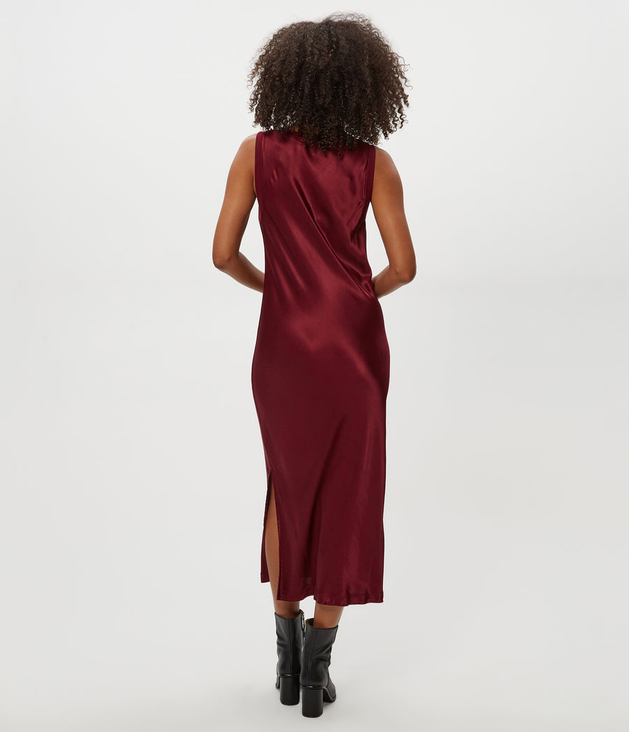 Randi Satin Midi Dress in Garnet Red Back View #GARNET