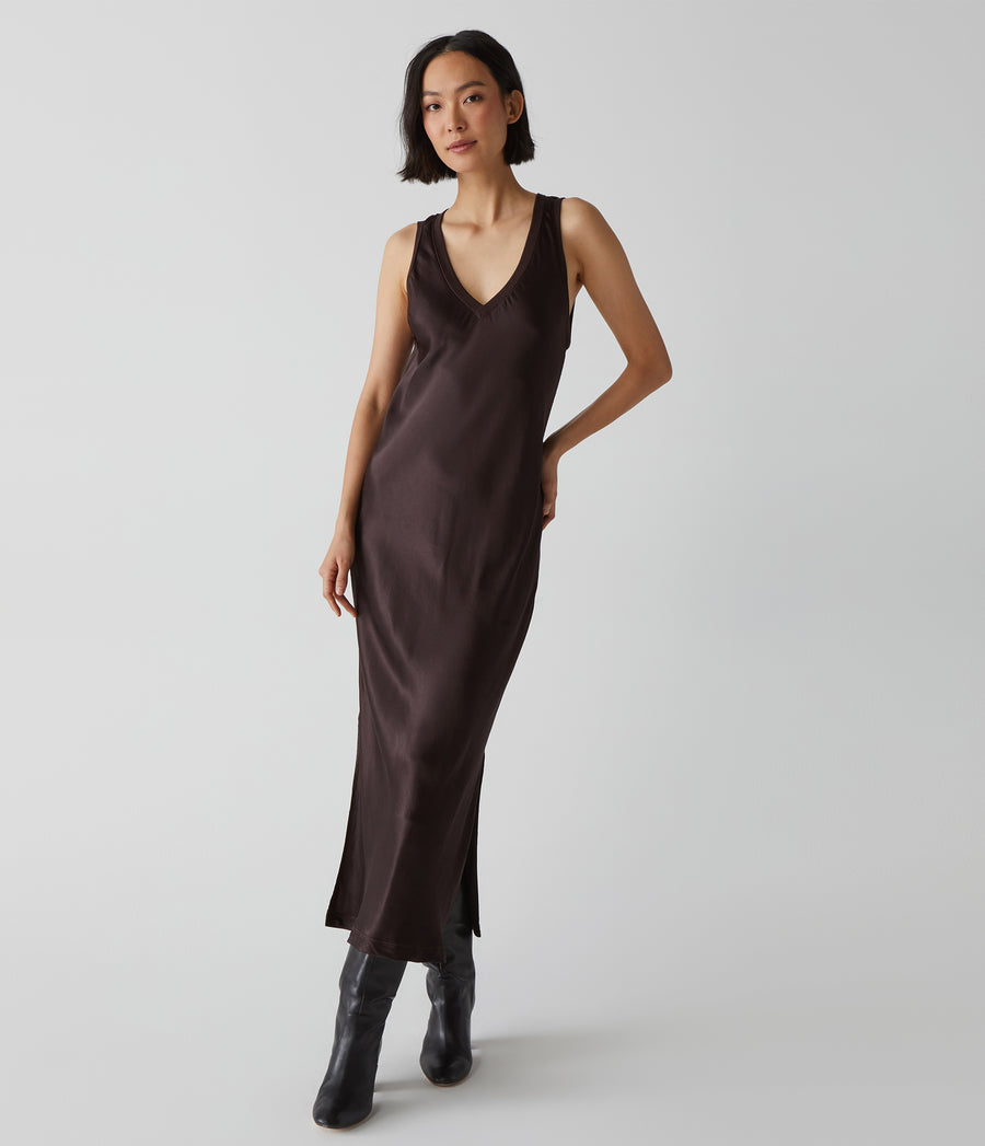 Randi Satin Midi Dress in Java Brown Full Body View #JAVA