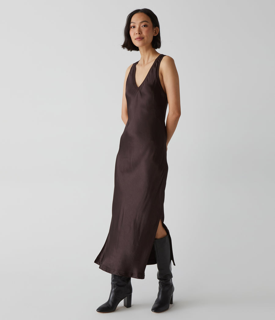 Randi Satin Midi Dress in Java Brown Side View #JAVA