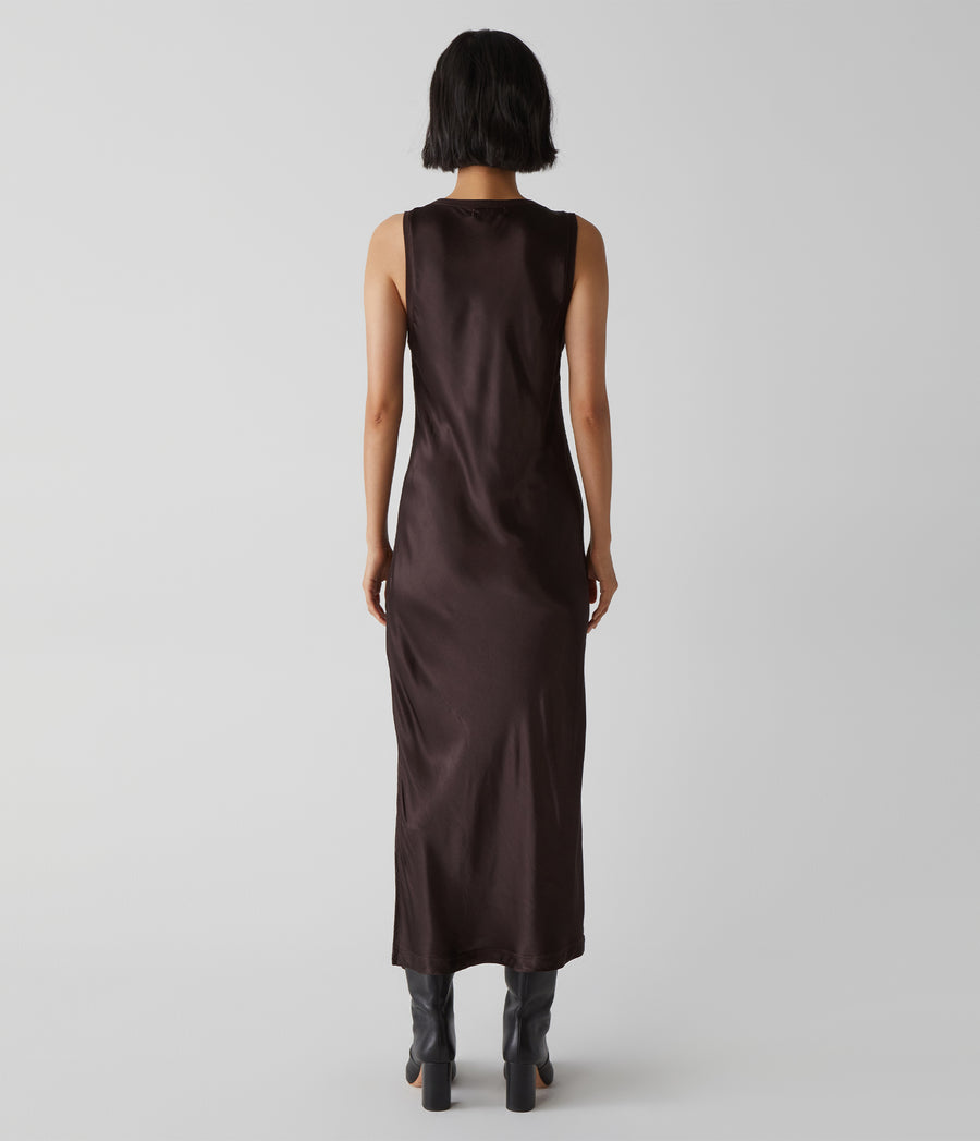 Randi Satin Midi Dress in Java Brown Back View #JAVA