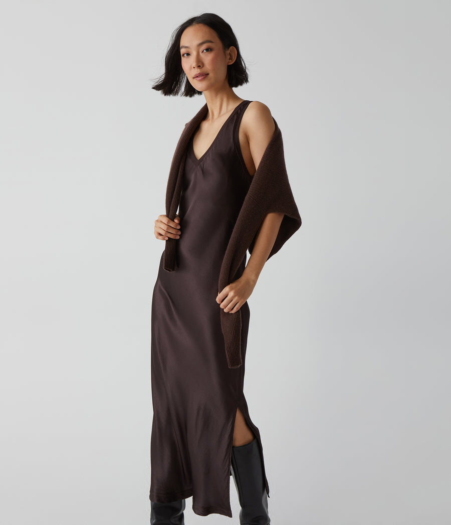 Randi Satin Midi Dress in Java Brown Close Up View #JAVA