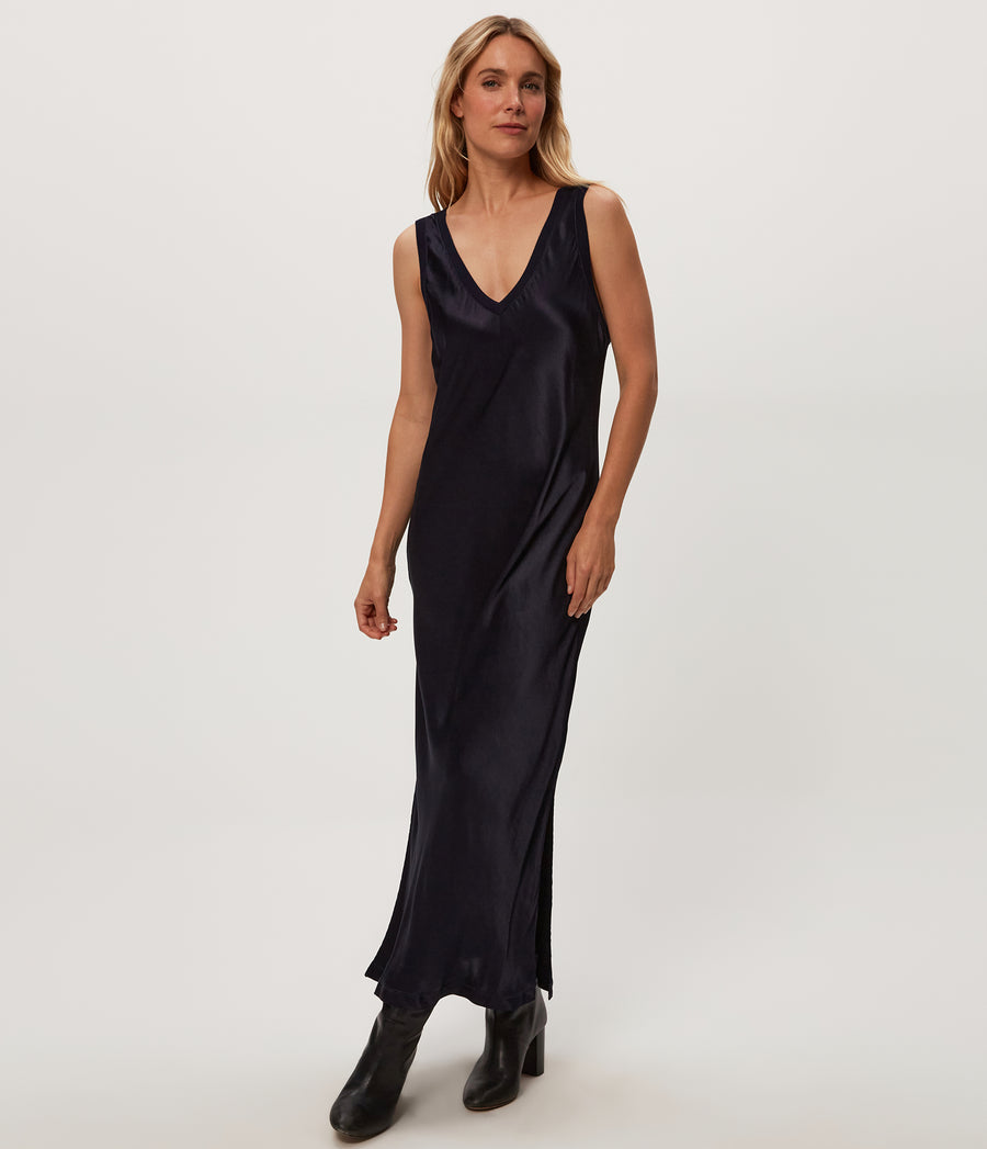 Randi Satin Midi Dress in Nocturnal Blue Close up View  #NOCTURNAL