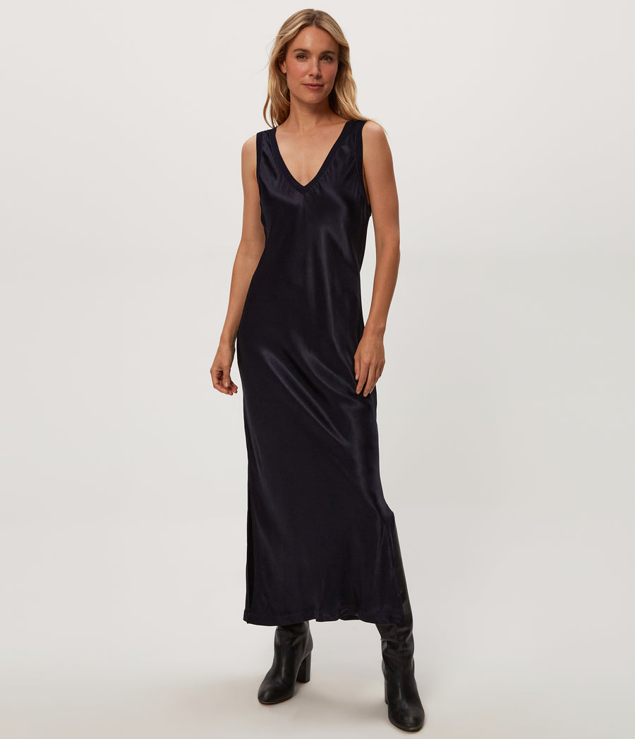 Randi Satin Midi Dress in Nocturnal Blue Full Body View #NOCTURNAL