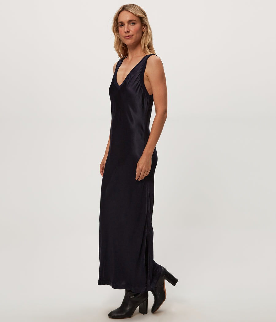 Randi Satin Midi Dress in Nocturnal Blue Side View #NOCTURNAL