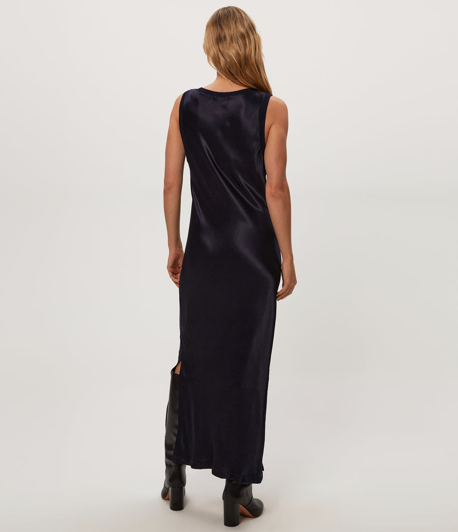 Randi Satin Midi Dress in Nocturnal Blue Back View  #NOCTURNAL