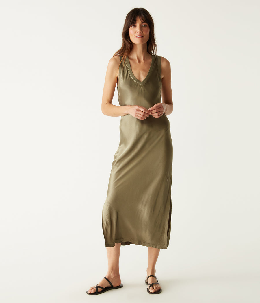 Randi Satin Midi Dress in Olive Green Front View #OLIVE