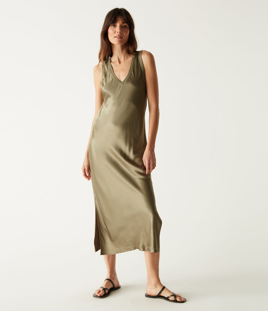 Randi Satin Midi Dress in Olive Green Full Body View #OLIVE