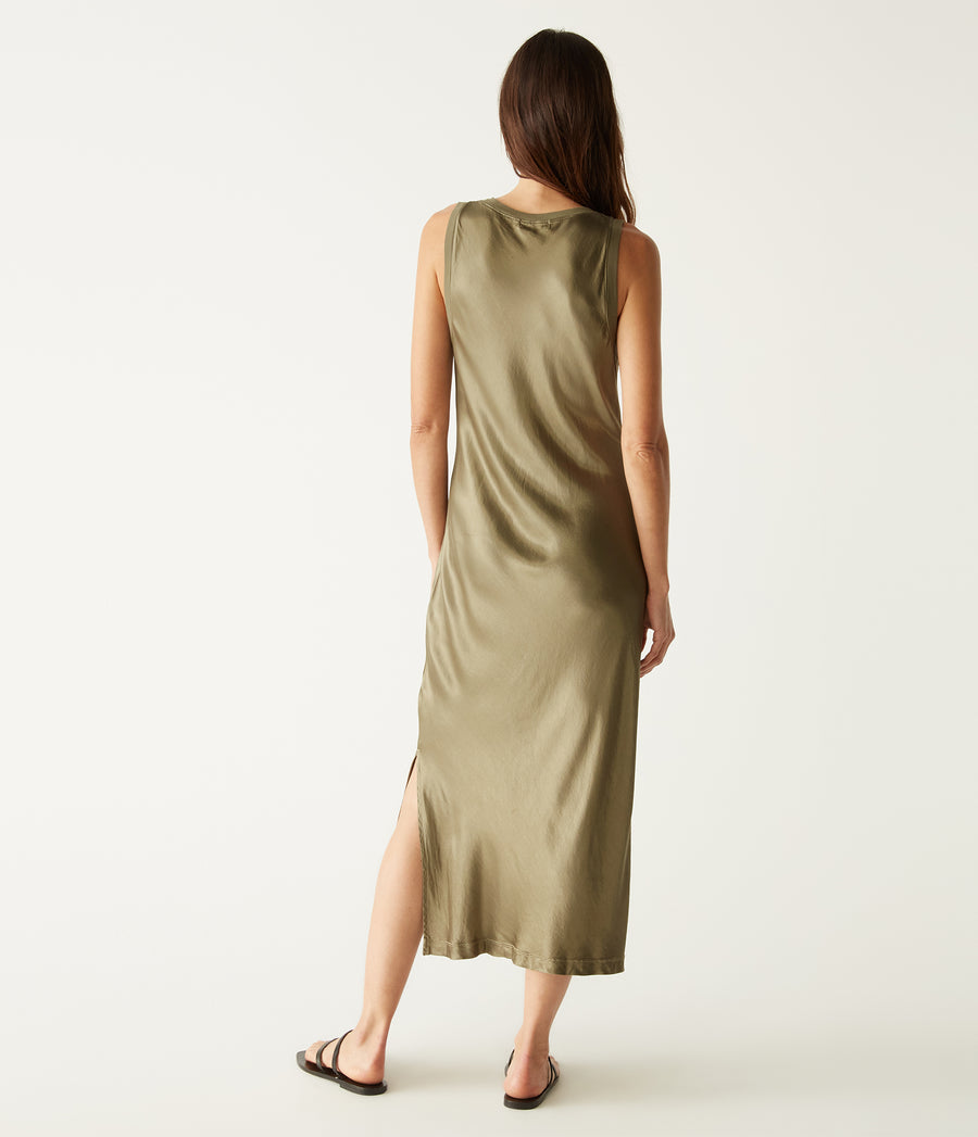 Randi Satin Midi Dress in Olive Green Back View #OLIVE