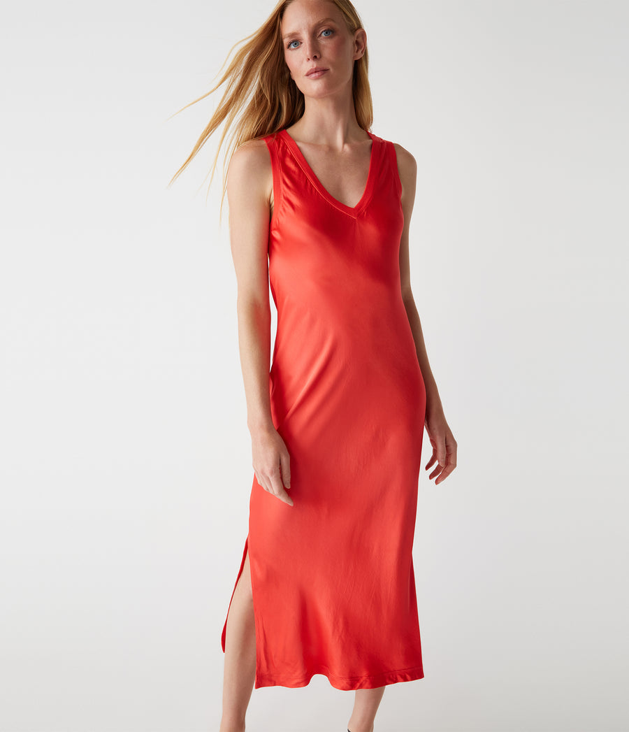 Randi Satin Midi Dress in Spritz Red Close Up View #SPRITZ