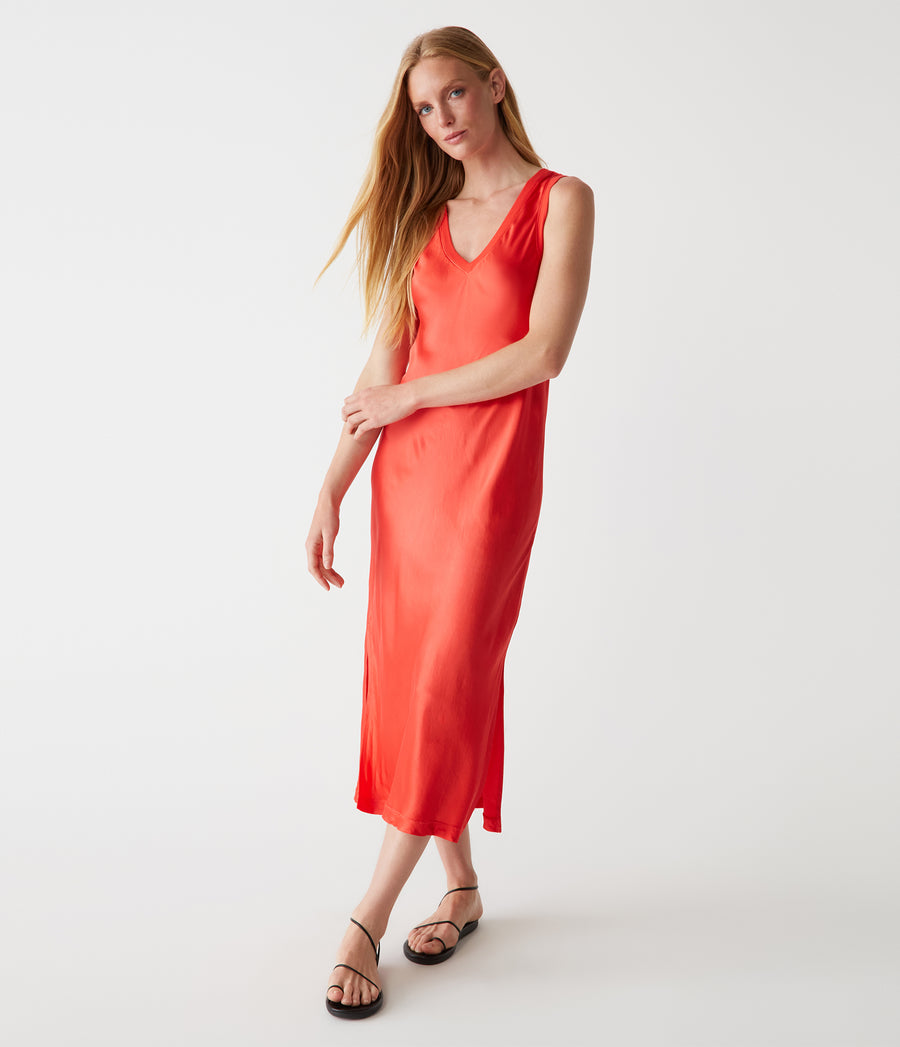 Randi Satin Midi Dress in Spritz Red Full Body View #SPRITZ