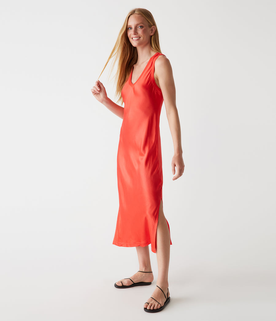 Randi Satin Midi Dress in Spritz Red Side View #SPRITZ