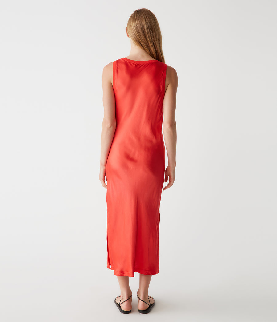 Randi Satin Midi Dress in Spritz Red Back View #SPRITZ