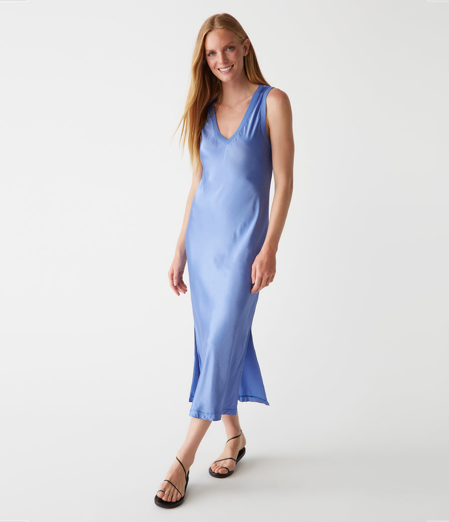 Randi Satin Midi Dress in Salt Water Blue Full Body View #SALT WATER